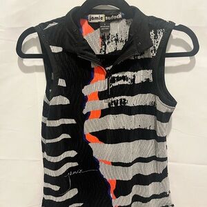 Jamie Sadock sleeveless zip polo. Multicolor geometric pattern. Size S.